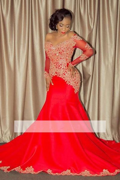 

Sexy Off-The-Shoulder Prom Dresses Mermaid Long Sleeves Red Arabic African Party Dresses Appliques Lace Satin Sparkling Evening Dresses