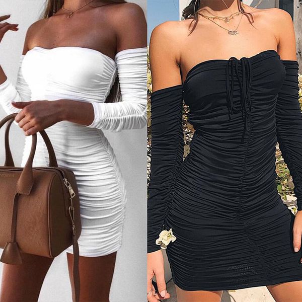 

long sleeve off shoulder women dress 2018 autumn winter female mini bodycon party club dresses white black 6721, Black;gray
