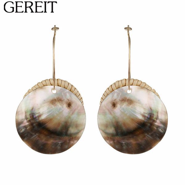 

gereit bohemian handmade rattan twist hoop earrings charm big gold silver circle shell statement earrings for women boho jewelry, Golden;silver