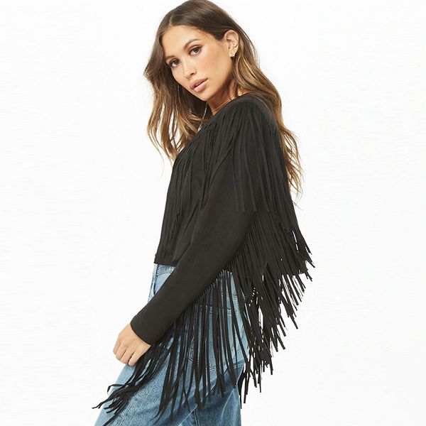 

women solid black tassel open stitch casual short length jackets femme long sleeve fashion 2018 spring autumn vintage jacket, Black;brown