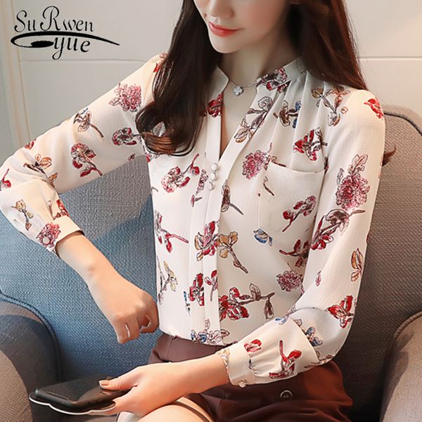 

new fashion print chiffon women blouse shirt 2018 long sleeve female blouse women shirt blusas feminine blouses z0001 40, White