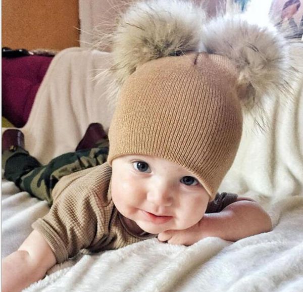 

kid pom pom winter knit beanie pgraphy faux fur hat knit cap, Blue;gray