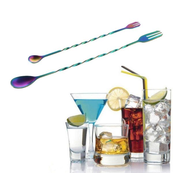 

26cm 32cm stainless steel long handle mixing spoon fork twist spiral cocktail shaker bar tools with fruit fork handle