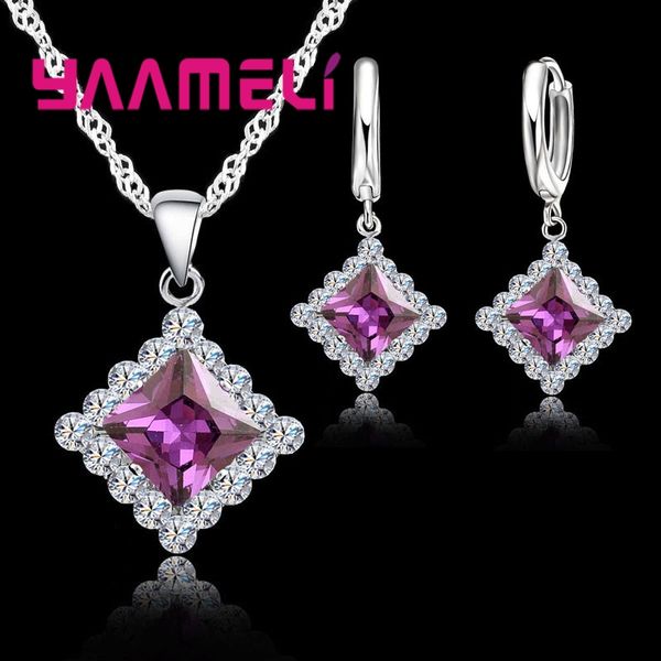 

yaameli pretty square crystals pendant necklace&earrings jewelry sets for women wedding 925 sterling silver fashion accessories
