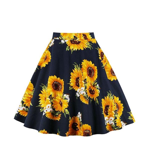 

women sunflower floral skirts printed high waist swing pleated midi skirts female casual summer skirt, Black