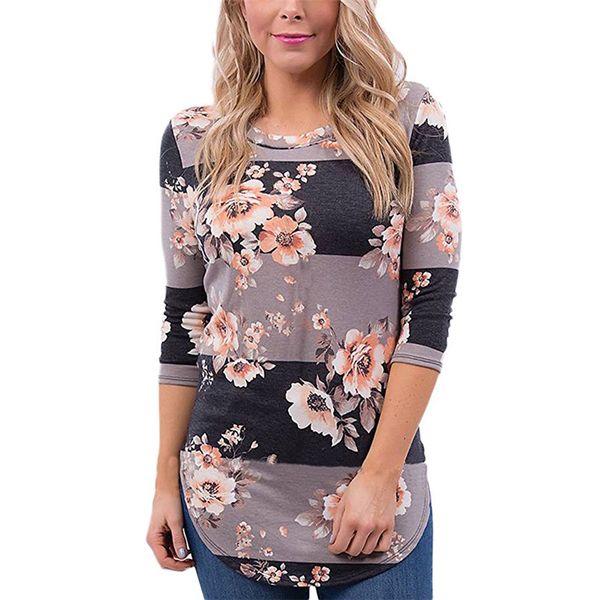 

Women Long Sleeve T shirt Autumn 3/4 Sleeve Floral Print T-Shirts O-neck Casual Striped Tops Cotton Tee Shirt Plus Size XXL