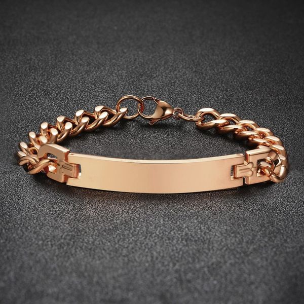 

rose golden cuban chain link id name tag bracelet stainless steel engravable inspiration friendship couples jewelry his & hers, Golden;silver