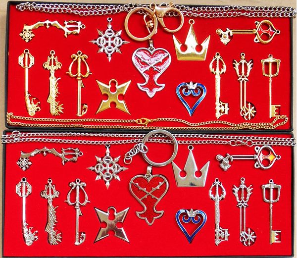 

2 styles 13pcs/set kingdom hearts cosplay necklace sora keyblade keychain metal figure toy pendants key chains ing, Silver