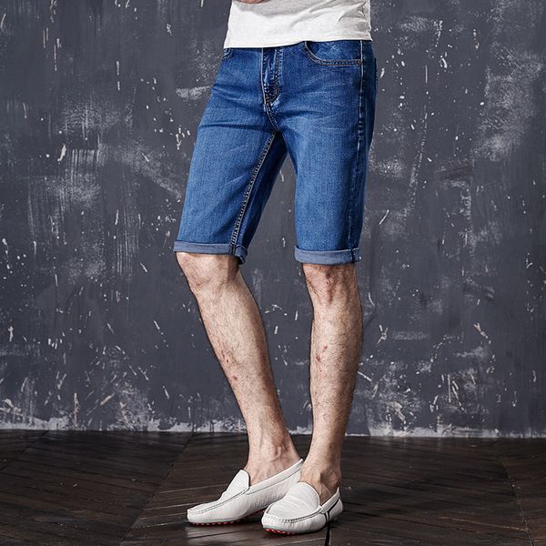 

summer men jeans stretch skinny pleated washed casual solid men denim jeans straight lightweight knee length male quality, Blue