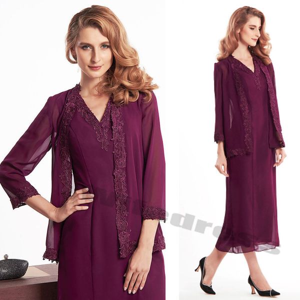 Wine Red Mother Of The Bride Groom Dresses Tea Length With Outfit