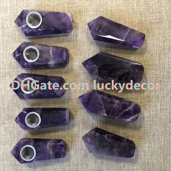 Cristallo di ametista Febbraio Birthstone Tabacco da fumo Bacchetta Mini Pipa di cristallo viola naturale Punto di ametista Gemma Pipa da fumo tascabile in vendita