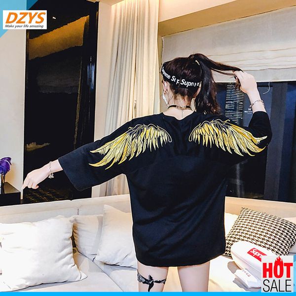 

2018 summer new gold line embroidery wings couple tee ins super fire with men and women dzys-cx short sleeve t-shirt, Tan;black