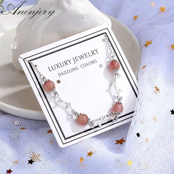 

anenjery fashion natural strawberry crystal branch chain bracelet for women girl gift 925 sterling silver bracelet s-b175, Black