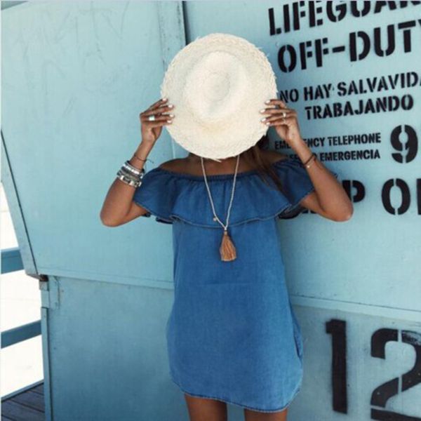 

empire dress new fashion designer loose slash neck jeans dresses summer casual sleeveless ladies elegant denim dresses, Black;gray