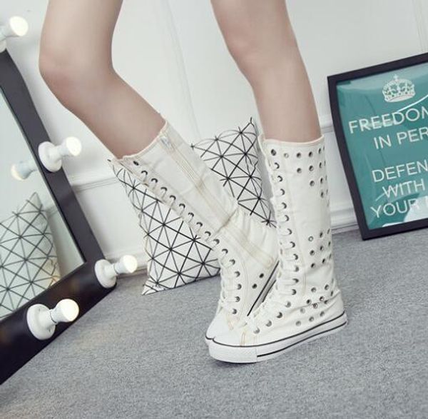 

punk emo gothic shoes girls women sneaker zip lace up canvas boots knee high, Black