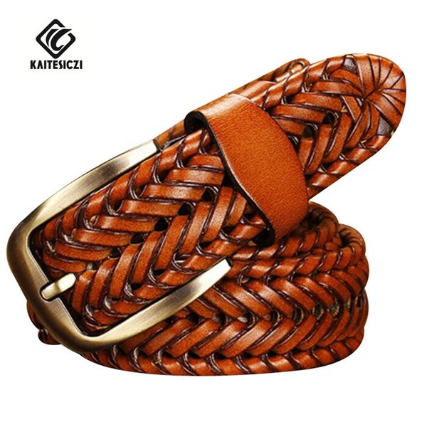 

kaitesiczi]2016 new belt man fashion mens belts genuine leather braided real cow skin straps men jeans wide girdle male, Black;brown