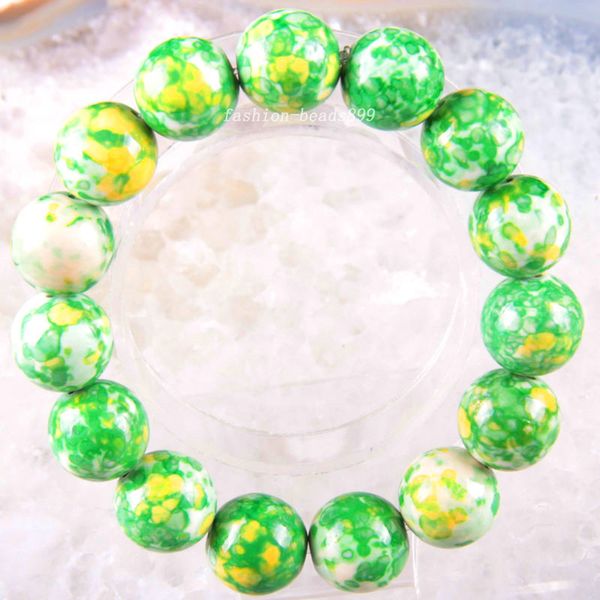 

stretch 14mm round beads natural yellow green stone bracelet 8inches 1pcs h1847, Black
