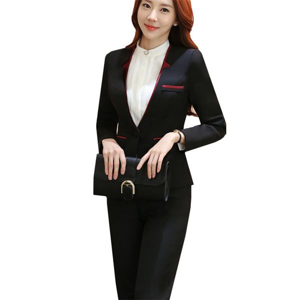 

suit women pantsuit patchwork double collar slim polyester women's business suits two-piece sets autumn spring winter clothing, White;black