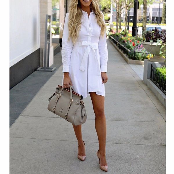 

2018 new spring autumn fashion women dress long sleeve single breasted white sashes high waist knee-length dress, White;black
