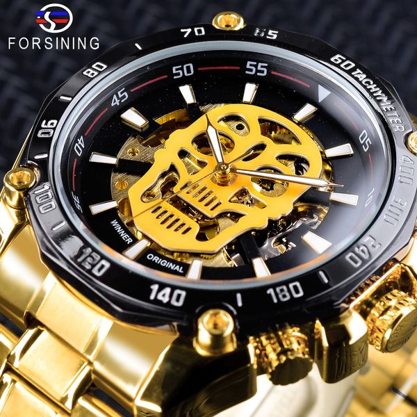 

forsining skull design black golden wristwatches luminous design men's automatic sport watches skeleton clock, Slivery;brown