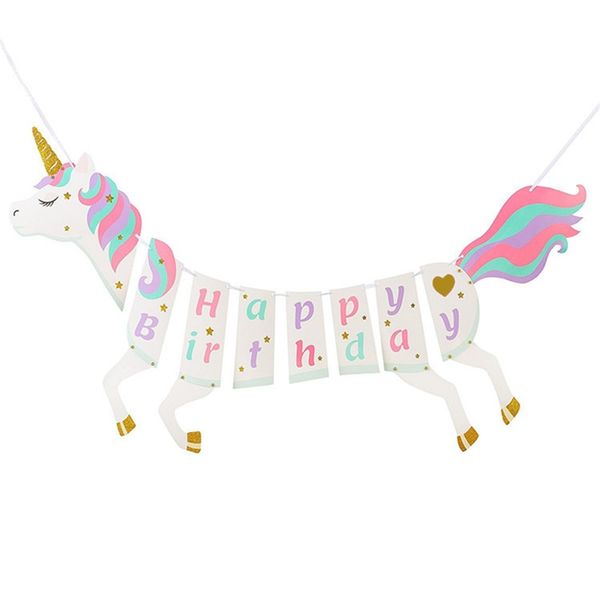 Lettre chaîne drapeau suspendu joyeux anniversaire arc-en-ciel licorne papier bannière guirlande maison fête de mariage décorer 7 02yz C