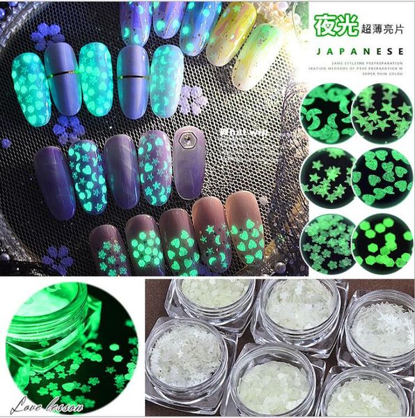 

1g/box luminous nail art sequins heart star round nail glitter flakes fluorescent powder glow in the dark decoration, Silver;gold