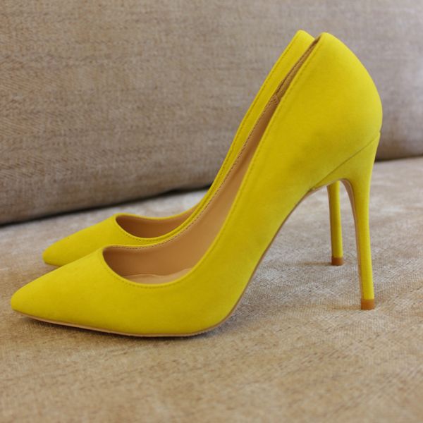 

Free Shipping women lady woman 2019 yellow Velvet Poined Toes Wedding heels Stiletto High Heels shoes pumps boots 12cm 10cm