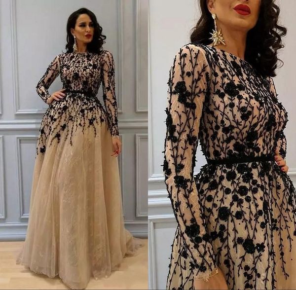 

arabic gorgeous beading evening gowns with long sleeves flowers lace crew neckline prom dress champagne elegant women dress evening wear, Black;red
