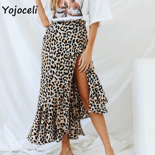 

yojoceli 2018 trendy leopard skirt women asymmetrical hem ruffled midi skirt bottom party club print, Black