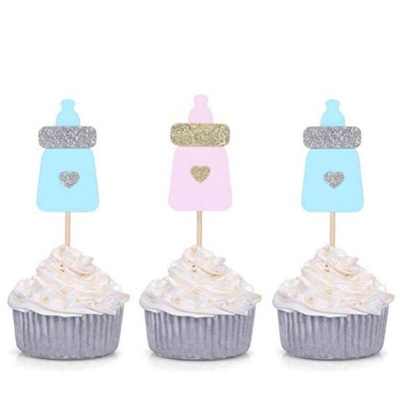 Blue Pink Milk Bottle Cupcake Toppers Baby Shower Party Decors
