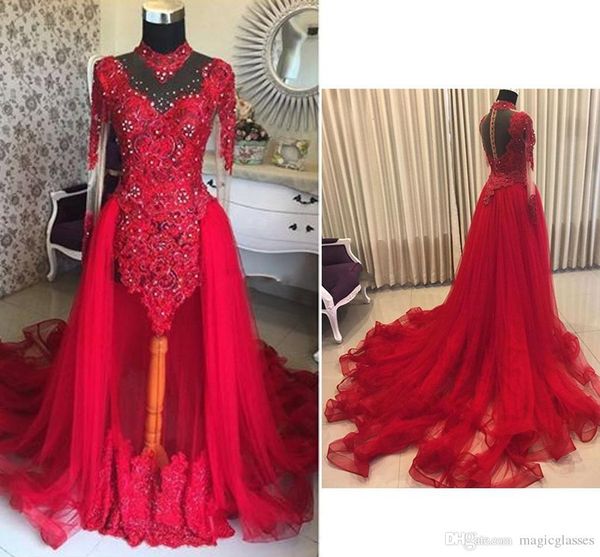 

red illusion long sleeves prom dresses high neck appliques lace beaded tulle dubai arabic evening dresses african evening gowns, Black