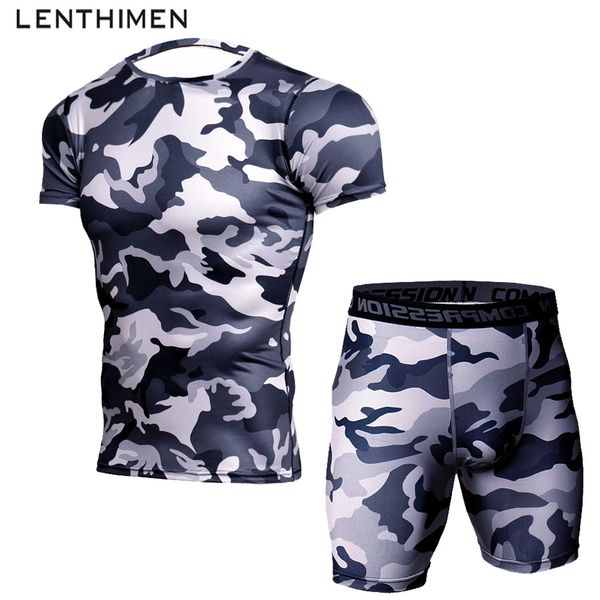

new camouflage men's running sets compression shirt shorts 2 pieces/sets sports suits men football tights gym fitness sportswear, Black;blue