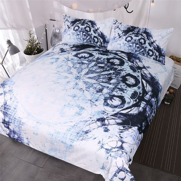 Vintage Mandala Duvet Cover Dark Blue Ink Gradient Floral Bedding