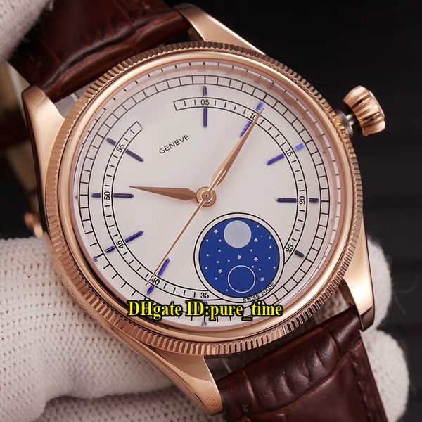 

new 39mm cellini moonphase 50535 m50535 white dial miyota 8215 automatic mens watch sapphire rose gold case leather strap new watches, Slivery;brown