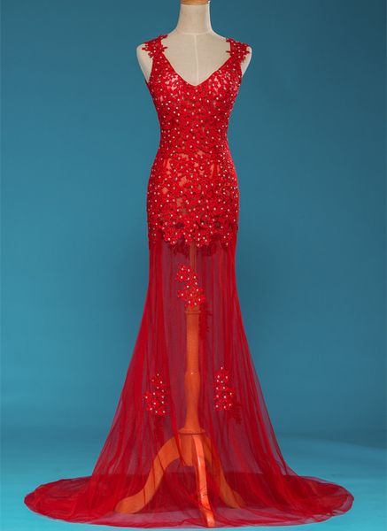 

lace tulle mermaid evening dresses 2018 new beaded prom dresses floor length party dress black red