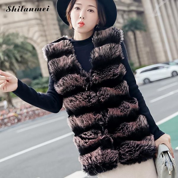 

faux fur coat winter women 2018 new fashion casual warm slim sleeveless faux fur vest stripe jacket casaco feminino waiscoat, Black
