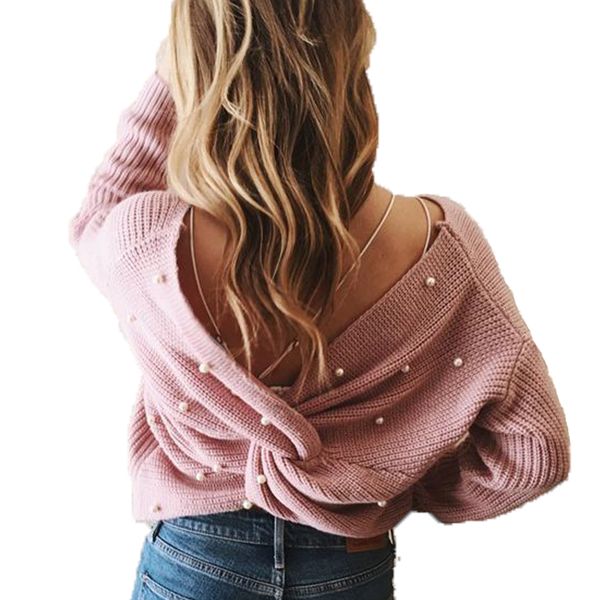 

back v neck pearl beaded detail twist sweater 2018 fashion long sleeve plain pullovers sweaters women casual knitting jumper, White;black
