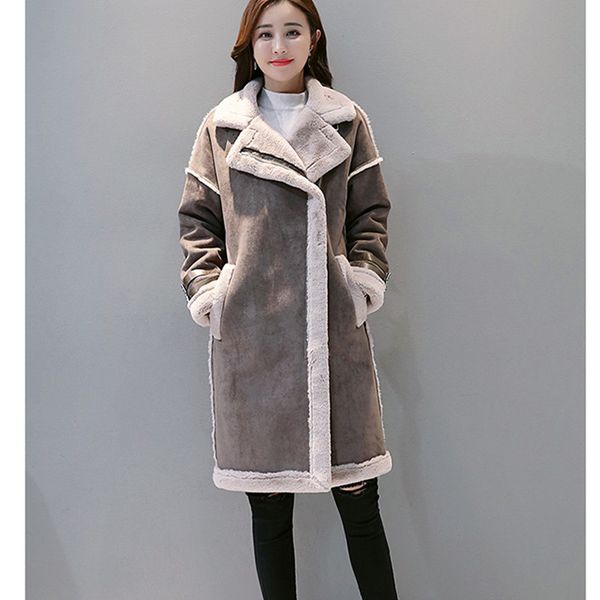 

new 2018 autumn winter women lambs long coat vintage solid faux fur zipper suede fabric coats thick loose outwear, Black