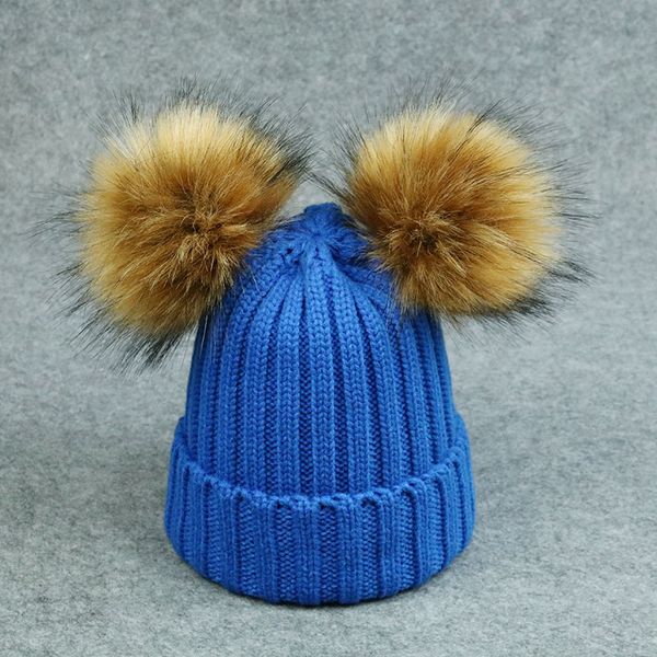 

new children imitation wool hat raccoon fur knitted double ball hat wool ball new knitted hat twist ball, Blue;gray