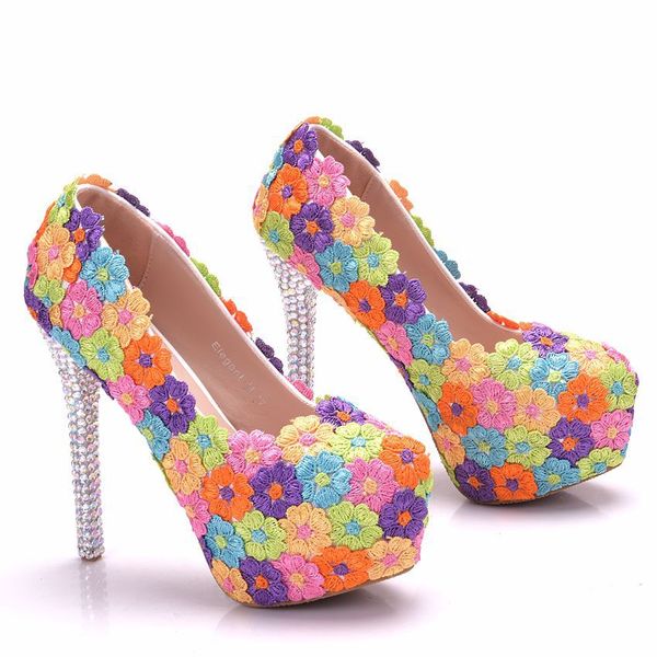 

new handmade elegant round toe shoes for women multi flowers high heel wedding shoes ab crystal thin heels plus size shoes, Black