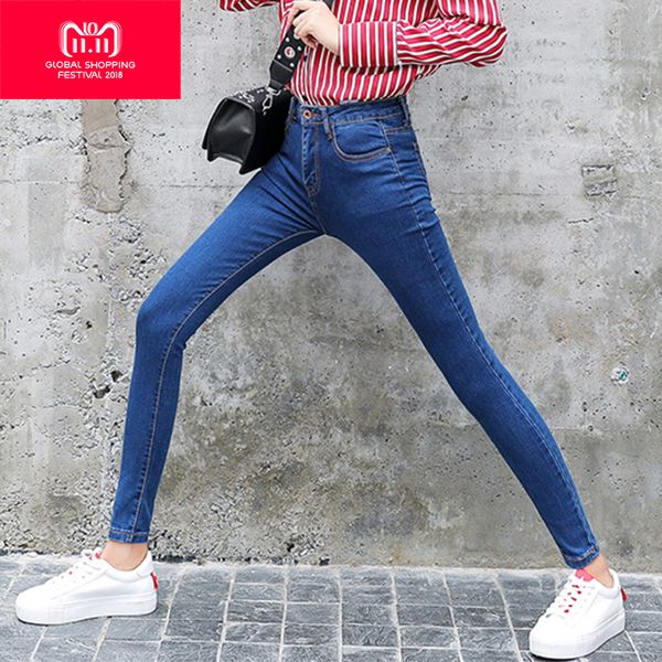 

woman's jeans high waist mom jeans plus size full length skinny woman mujer with pocket pencil pants fashion slim trousers, Blue