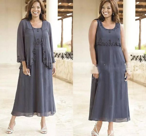 Plus Size Kleider für die Brautmutter, graue Chiffon-Spitze, Kristall, Teelänge, Hochzeitsgastkleider, Ball- und Abendkleider mit Jacke