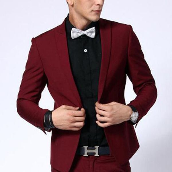 

Two piece dark red evening party men uit 2018 peaked lapel blazer trim fit cu tom made wedding groom tuxedo jacket pant