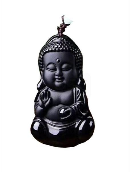 

53x32mm drop shipping beautiful chinese handwork natural black obsidian carved baby buddha lucky pendant +beads necklace, Silver