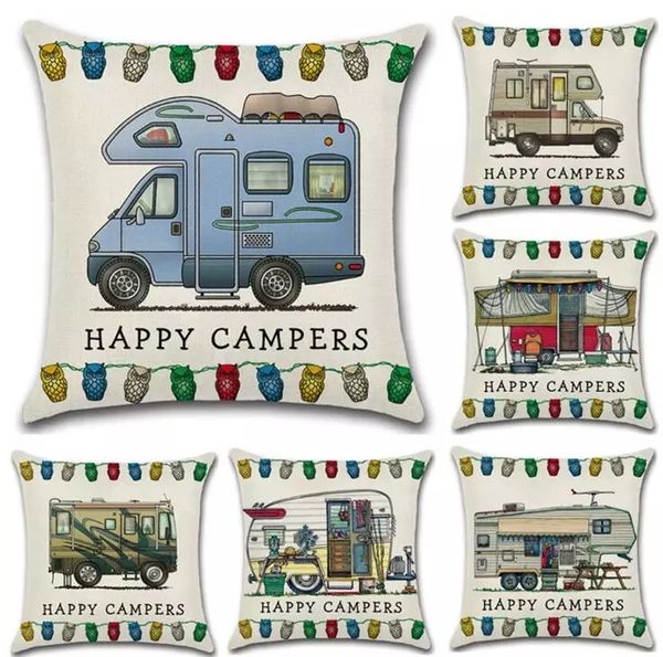 

20 tyle 45 45cm happy camper cu hion cover linen pillow ca e camping car pillow cover quare decorative pillow ca e