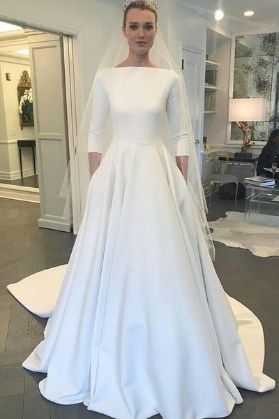 

new a-line crepe modest wedding dresses with 3/4 sleeves boat neck buttons back simple elegant modest wedding gowns with pockets, White