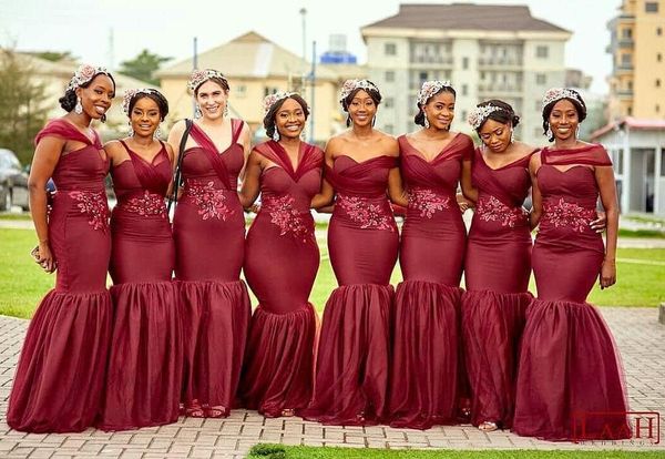 Schwarze Mädchen Afrikanische Lange Rote Meerjungfrau Cabrio Brautjungfer Kleider Formale Trauzeugin Kleid Hochzeit Party Kleider vestidos de fiesta
