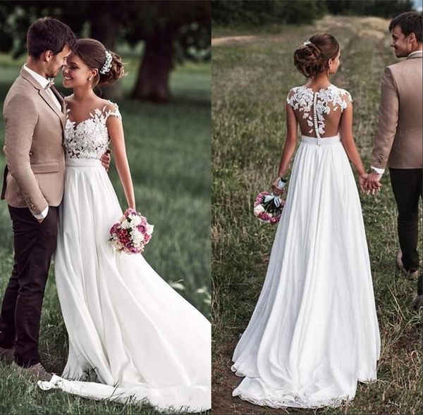 

boho garden lace wedding dresses vestidos de novia cap sleeve sweep train applique sheer a-line beach chiffon bridal gowns 2019 new w616, White