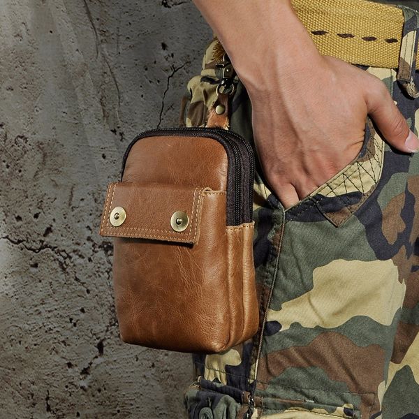 

genuine real leather cowhide men vintage brown small hook belt bag waist pack phone pouch case 009