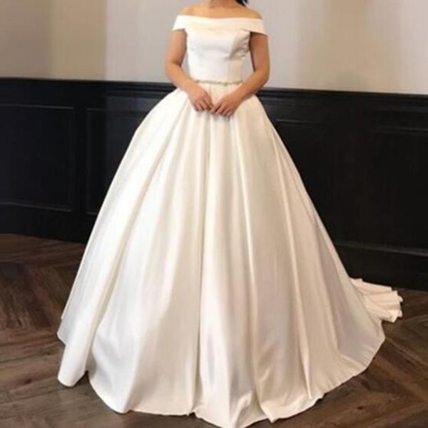 

2018 ball gown robe de mariage elegant off shoulder satin beaded sashes wedding dress luxury sweep train princess wedding gowns, White